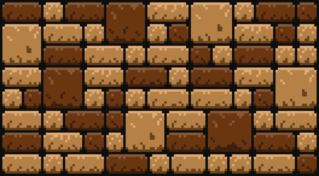 Pixel art brown stone concrete seamless background. Ground texture tile seamless pattern with shadowing, for pixel art style game. 2D Brick Wall Texture. Assets for Game.   