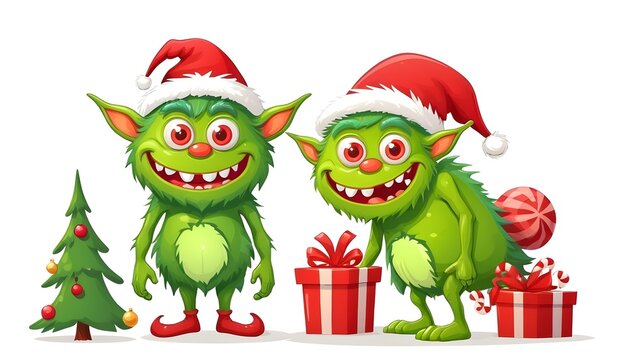 Vector cartoon funky green monster with Santa Claus red hat isolated on white background. Childrens Merry Christmas greeting card with funny monster elf Santa Claus.

