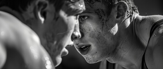 Sweat glistens on the determined faces of two wrestlers as they grapple for control in the center of the ring.