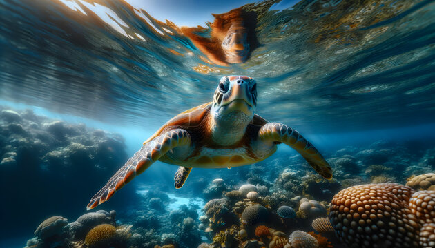 A photograph in the style of National Geographic, a sea turtle in its natural ocean habitat, showcasing the turtle in sharp focus against a beautifully blurred background