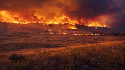 An expansive view of a wildfire burning through a rural area revealing the size and power of Mother...