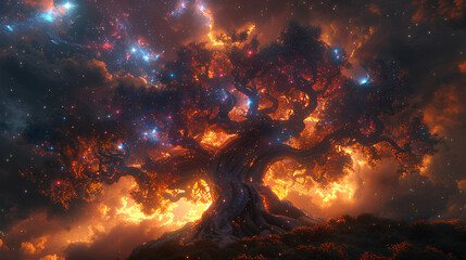 huge trees of life blend with galaxies with stars - obrazy, fototapety, plakaty