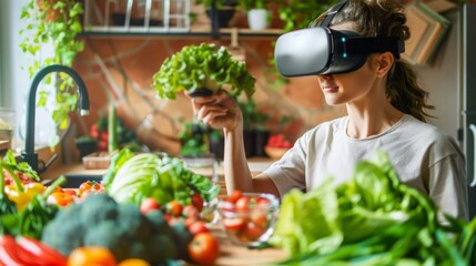 Woman Wearing Virtual Reality Headset Among Vegetables - obrazy, fototapety, plakaty