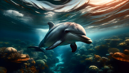 A photograph in the style of National Geographic, a dolphin in its natural ocean habitat, showcasing the dolphin in sharp focus against a beautifully blurred background