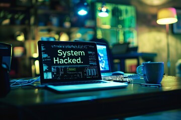 System hacked warning alert on a notebook, illustrating the urgency of cyber security in the face of attacks like viruses, spyware, and malware - obrazy, fototapety, plakaty