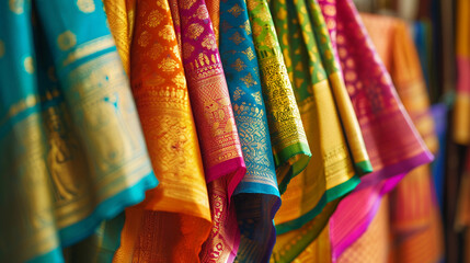 Close up portrait of colorful shiny indian saree hanging on a clothing rack