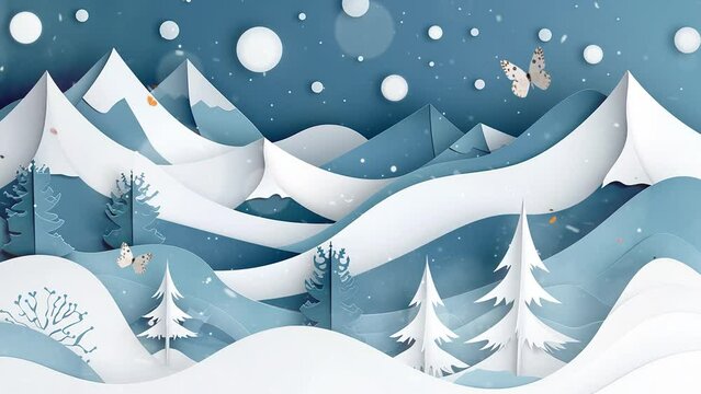 paper cut winter landscape illustration with mountain and forest. . winter background with elements such as snow mountain. seamless looping overlay 4k virtual video animation background