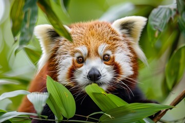 An HD close-up of a red panda nestled amidst vibrant green foliage, its russet fur contrasting...