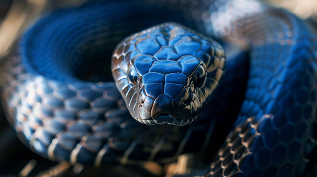 Indigo snake with gleaming scales, poised in natural coil, eyes intent and vigilant