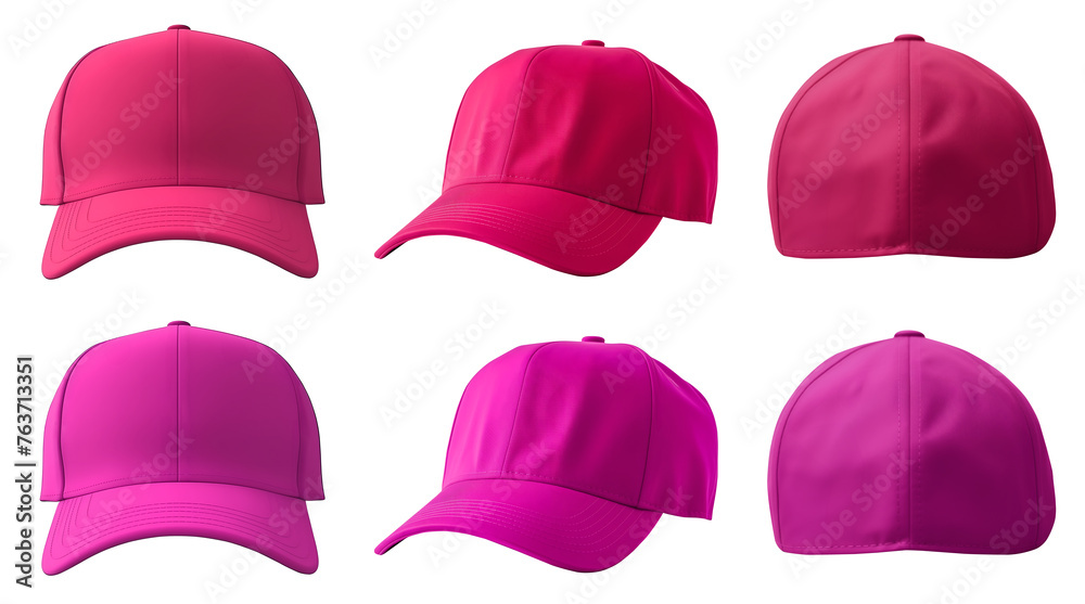 Wall mural 2 Set of magenta purple pink, front, back side view hat baseball cap on transparent background cutout, PNG file. Mockup template for artwork graphic design

 - Wall murals