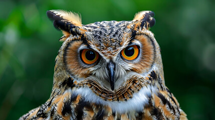 Owl with striking orange eyes and detailed feathers, perched and observant in its natural habitat