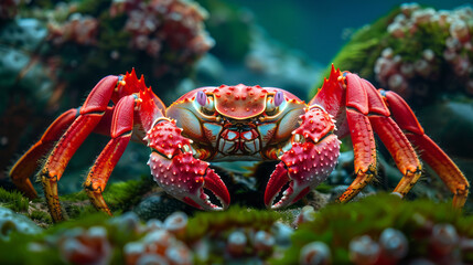 Vibrant red crab with detailed patterns perched among sea anemones in its underwater domain