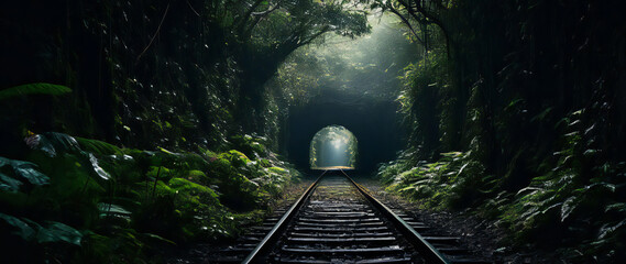 Railway tunnel in a forest overgrown by plants and trees.