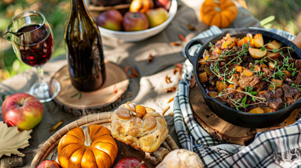 A harvest festival picnic with live music and festive decorations featuring a spread of ed cider hearty beef stew and warm apple dumplings for dessert.