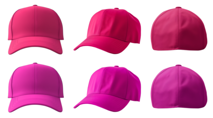 2 Set of magenta purple pink, front, back side view hat baseball cap on transparent background cutout, PNG file. Mockup template for artwork graphic design


