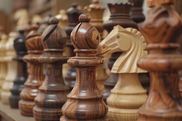 A high-definition photograph highlighting the craftsmanship of hand-carved wooden chess pieces, showcasing the wood's natural grain and the subtle elegance of each piece.