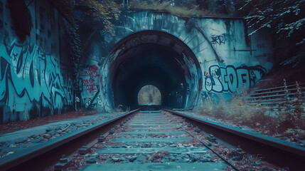 A haunting view of an old, graffiti-covered train tunnel, leading into the depths of the urban landscape