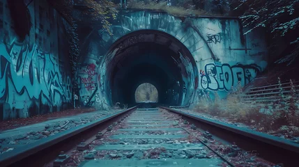 Foto op Plexiglas A haunting view of an old, graffiti-covered train tunnel, leading into the depths of the urban landscape © SHAPTOS