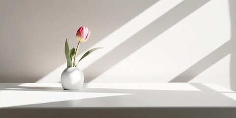 tulip vase on a wooden table for product placement, window shadow and light on a white background