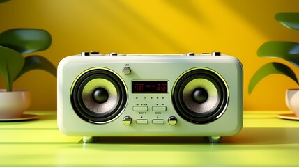 A sleek and compact portable speaker showcased on a pristine white mockup, against a lively lime green background, bringing music to life with vibrant visuals.