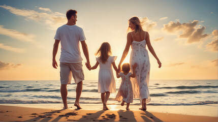 Happy family father mother with children on the beach, summer holiday, photo shot