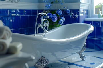 A high-definition photograph showcasing an elegant bathroom with a classic blue and white theme, highlighting the refined details and soothing ambiance around a luxurious bathtub.