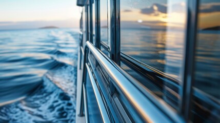 Detailed shot of metallic window frames on a yacht with the gentle waves of the sea visible in the reflection.