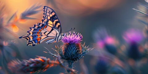 Graceful Swallowtail Butterfly on Purple Flower in Sunset Light with Blurred Background, Isolated on Color Background - obrazy, fototapety, plakaty