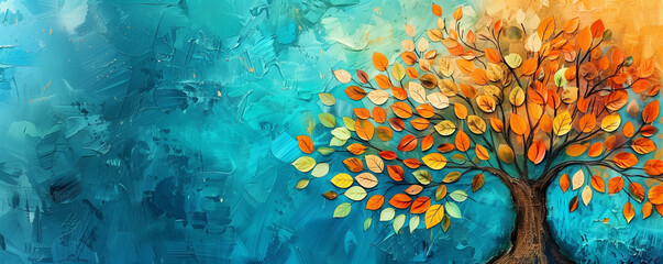 Fototapeta na wymiar A stylized tree with colorful leaves on a textured blue background.