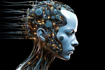 Foto op Canvas futuristic design of an android head, with visible wires, connections, and nodes. the cybernetic elements are meticulously integrated, portraying a technological marvel and the convergence of human © Pixel Alchemy