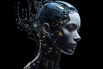 futuristic design of an android head, with visible wires, connections, and nodes. the cybernetic elements are meticulously integrated, portraying a technological marvel and the convergence of human