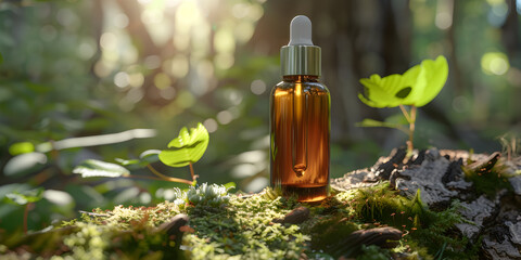 Amber glass bottle pipette with serum, essential oil on green moss, Bottle mockup with dropper on nature background, 