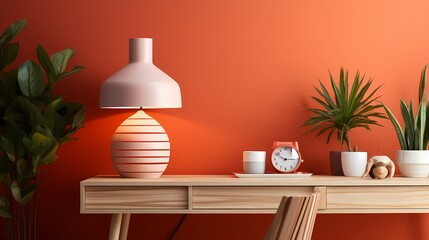 An avant-garde desk lamp displayed on a clean white mockup, against a warm terracotta background, creating a cozy and stylish workspace ambiance.