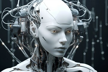 Fototapeta premium futuristic design of an android head, with visible wires, connections, and nodes. the cybernetic elements are meticulously integrated, portraying a technological marvel and the convergence of human