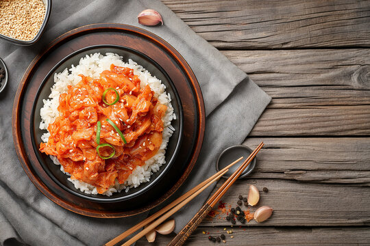 Kimchi and rice, traditional Korean food on a plate with chopsticks and spoons. a vintage wooden table background