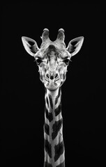 Majestic Giraffe Portrait in Monochrome Black and White, Isolated on Black Background.  Generative AI.
