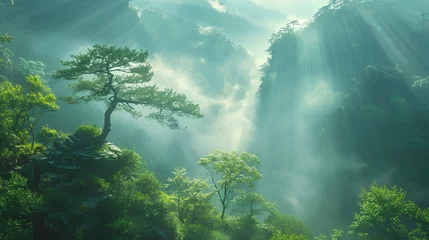 Zelfklevend Fotobehang national forest park, Valley with forests green bonsai trees © Adja Atmaja