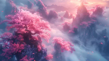 Foto op Plexiglas anti-reflex national forest park, Valley with forests pink bonsai trees © Adja Atmaja