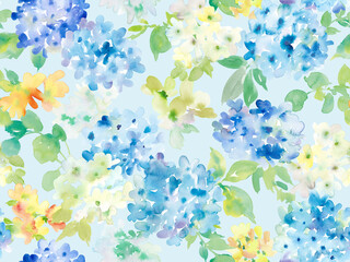 Seamless pattern illustration of hydrangeas and wildflowers painted in watercolor





