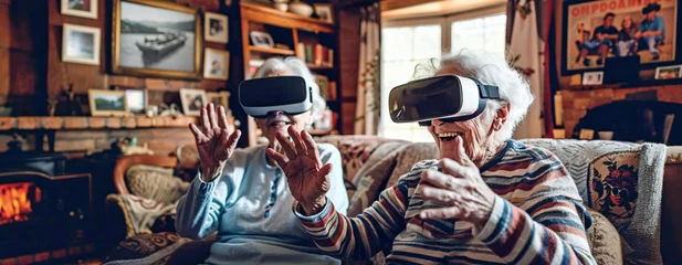 Foto op Canvas Two grandmothers interact with VR virtual reality glasses in their home. Digital graphics enhance the real-world atmosphere of a traditional living room. Elderly people and future technology. © Alisa