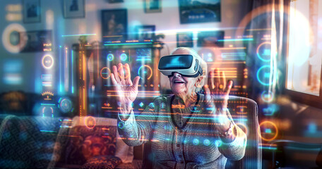 Fototapeta na wymiar A grandmother interacts with VR virtual reality glasses in her home. Digital graphics enhance the real-world atmosphere of a traditional living room. Elderly people and future technology.