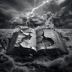 Torn poetry book in a storm lightning backdrop - obrazy, fototapety, plakaty