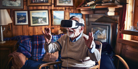 A grandfather interacts with VR virtual reality glasses in his home. Digital graphics enhance the real-world atmosphere of a traditional living room. Elderly people and future technology. - obrazy, fototapety, plakaty