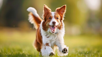 Adult brown white border collie run very fast in training day. Happy dog jump side view - obrazy, fototapety, plakaty
