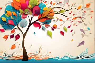 Illustration of a Colorful Tree with Leaves , abstraction wallpaper.