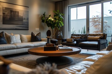 An artful composition revealing the chic ambiance of a modern living room interior, with HD clarity showcasing the carefully curated furniture, decor, and inviting atmosphere.  - obrazy, fototapety, plakaty