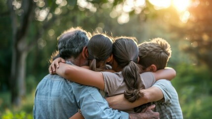 A family is gathered together in a group hug showing their strong bond and acceptance of each other as a unit.