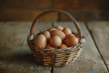 Wicker basket filled with organic eggs on a wooden table.