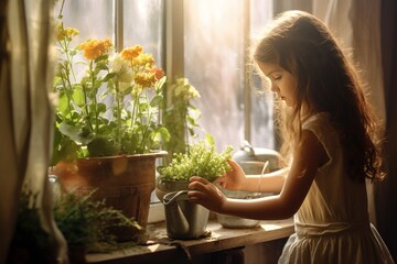 A beautiful girl takes care of home flowers on the window in the evening. - obrazy, fototapety, plakaty