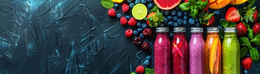 A Colorful array of fresh fruit smoothies in glass jars garnished with berries and herbs